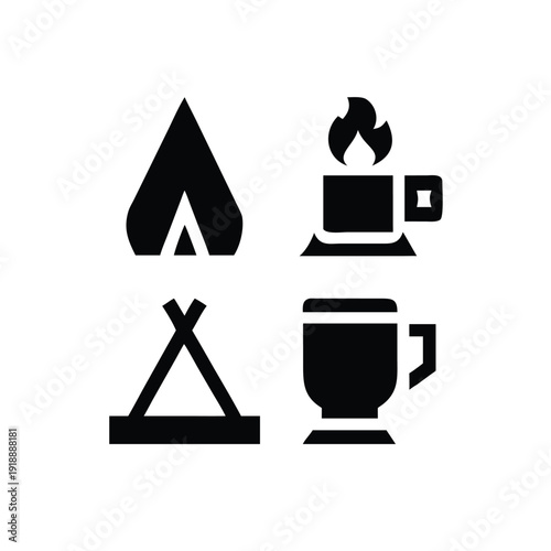 Camping adventure outdoor campfire lantern and tent icon set On white Background Vector illustration