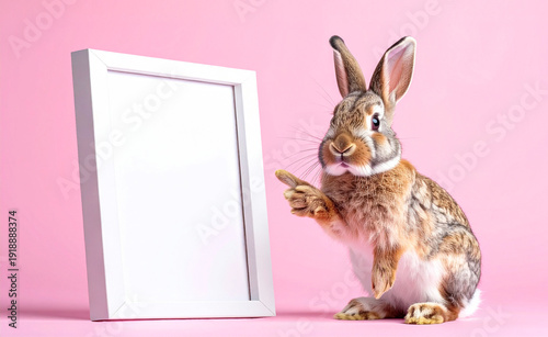 Wallpaper Mural easter bunny with blank sign. easter bunny pointed to a picture frame on pink background	 Torontodigital.ca