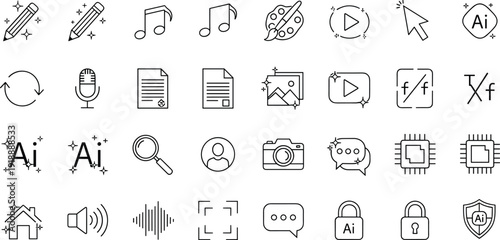 WebCreative and technical icons set, cad drawing flat vector illustration featuring artificial intelligence symbols, multimedia tools, security icons, and design elements.