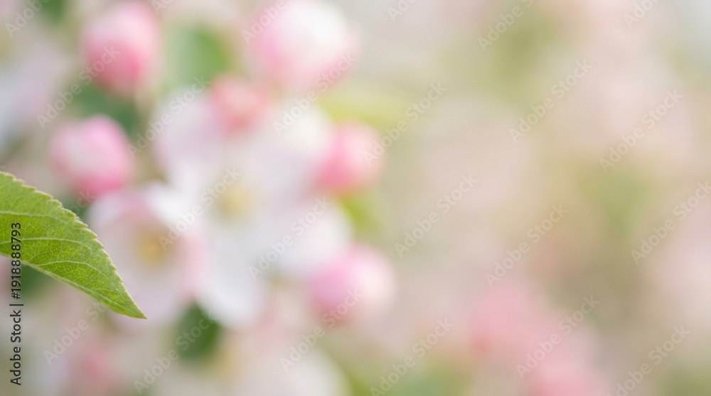 Obraz premium Fresh green leaf in sharp focus, with delicate pink and white flower buds blooming. Soft background creates a tranquil spring ambiance.