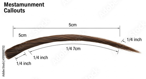 Close up of a single brown eyebrow hair with measurements.