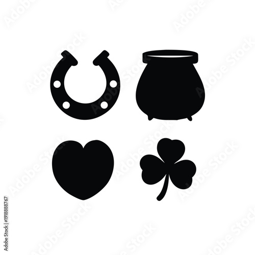 Irish lucky symbols collection with horseshoe and four leaf clover icons Vector illustration