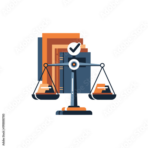 Legal Scales of Justice with Books and Checkmark Symbol.