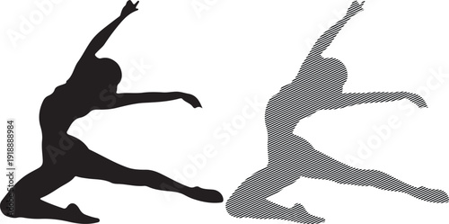 Graceful female dancer silhouette captured in an expressive dynamic leap or ballet pose featuring solid black and diagonal line art styles side by side