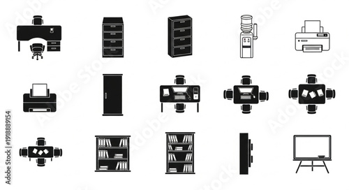 Collection of office furniture and equipment icons.