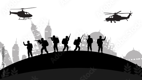 military helicopters flying over soldiers silhouettes on hill in ruined city landscape