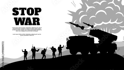 military truck with rocket launchers and soldiers under stop war text message