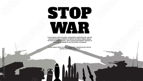 stop war poster with tank silhouette and military missiles over white background
