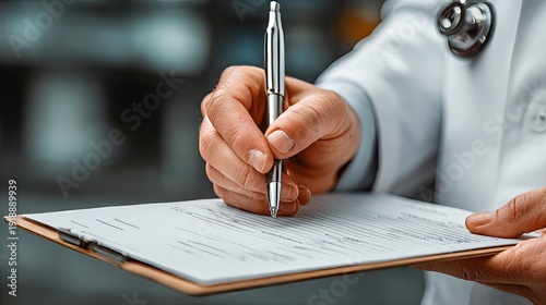 Close-up of a doctor's hand in a white lab coat holding a silver pen and writing on a medical clipboard against a blurred clinical background.Healthcare administration portals, insurance claim blogs