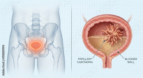 Bladder Cancer Illustration - Papillary Carcinoma in Human Pelvis and Bladder Wall.