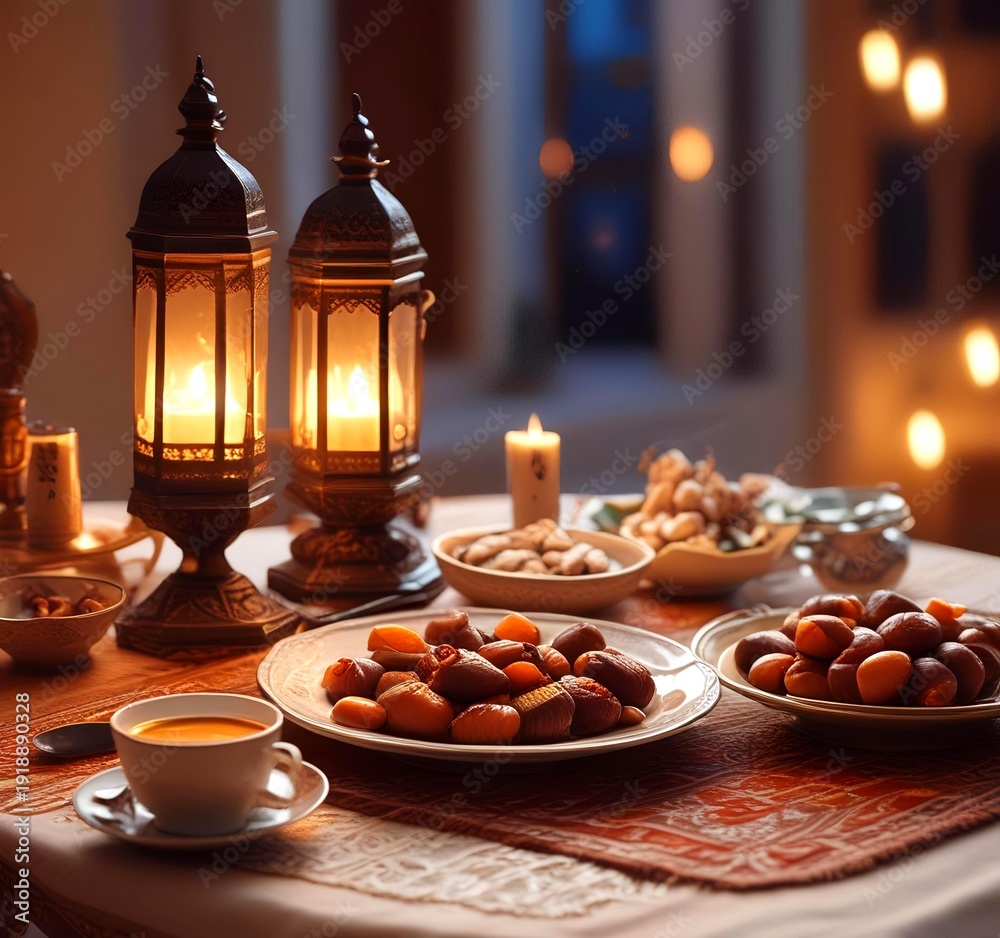 Naklejka premium Traditional Ramadan iftar table with dates