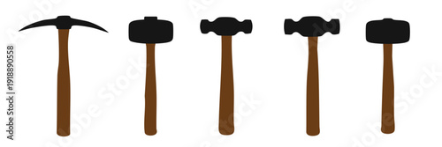 set of different hammer tools and pickaxe silhouettes with wooden handles row