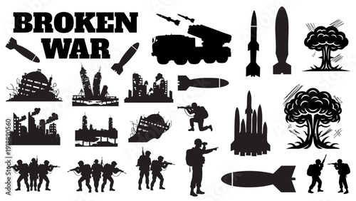 collection of broken war silhouettes including explosions tanks sinking ships and missiles