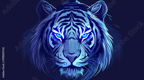 Stylized illustration of a tiger with glowing blue eyes on dark background