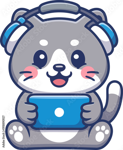 A cheerful gray cartoon puppy wearing headphones happily plays a game on a blue handheld device, illustrating joy and the fun of gaming in today's digital age.