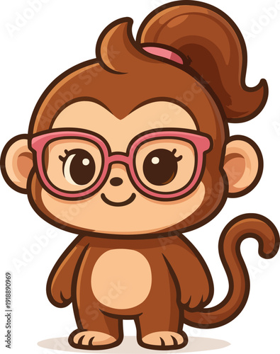 A cute monkey character wearing pink glasses brings a playful vibe to this illustration, representing intelligence and fun, ideal for children's content and products.