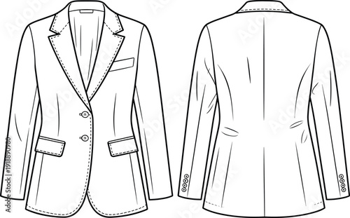 Women Classic Tailored Blazer Technical Flat Sketch Front and Back View Notched Lapel Jacket Vector Illustration