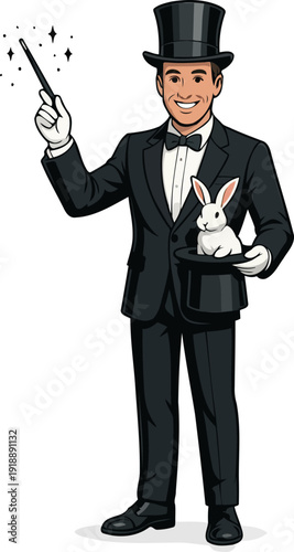 This lively magician with a top hat and wand, pulling a rabbit out of a hat, embodies the excitement and wonder of traditional magic shows in a vibrant and engaging illustration.