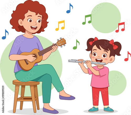 This heartwarming illustration features a mother playing the ukulele while her daughter plays the flute, depicting a beautiful bond through music and shared joy.