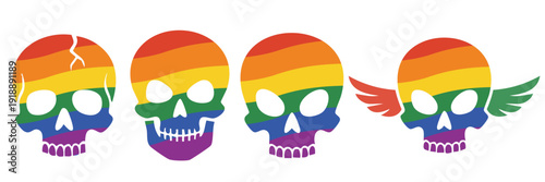 group of human skull silhouettes with rainbow pride flag colors and wings