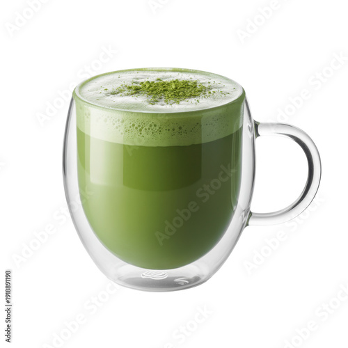 Green matcha latte in glass mug drink isolated on a transparent background
