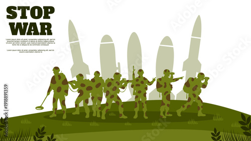 army soldiers squad walking on green hill with missiles and stop war