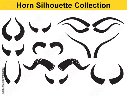 Horns silhouette collection with black curved shapes and bull devil horn icons, tribal style vector elements for logo design, mascot branding, tattoo art and stickers