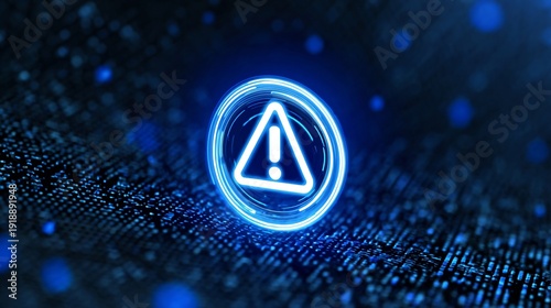 A glowing blue warning icon against a dark digital background, symbolizing alerts and notifications.