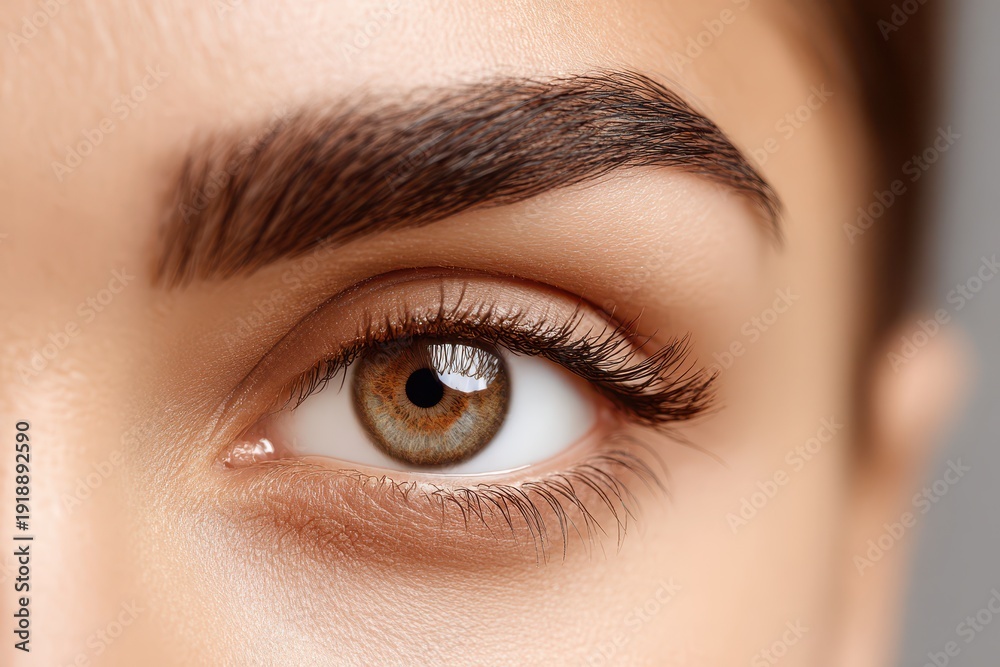 Obraz premium A close-up of a hazel eye with long lashes and a well-groomed eyebrow, showcasing natural beauty and healthy skin on a youthful face, studio shot, beauty concept.