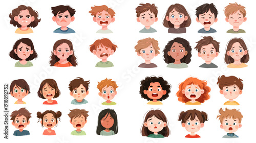 Collection of cute cartoon children faces with various hairstyles and emotions. Colorful boys and girls avatars isolated on white background for kids design projects.
