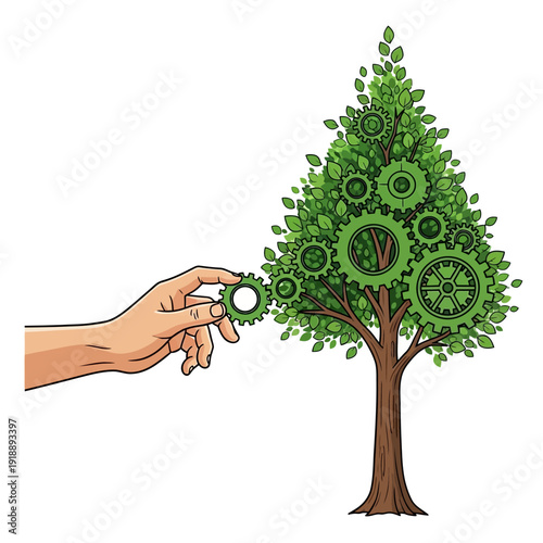 Hand placing gear into a tree with gears for leaves