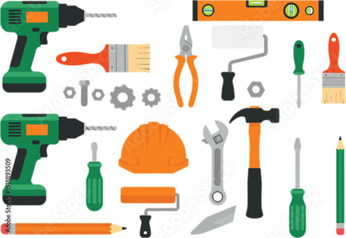 Construction and repair tools set with drill, hammer, screwdriver, wrench, helmet, and painting equipment, flat vector illustration for building, maintenance, and DIY concepts