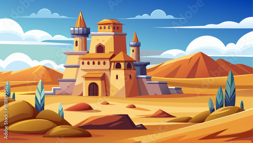 Simple cartoon vector of a lonely desert castle in wide empty sand landscape with clean minimal flat style