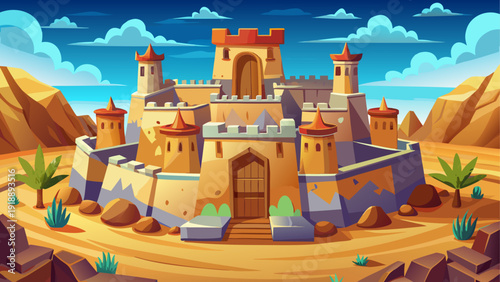 Cartoon vector illustration of a strong desert fortress surrounded by endless sand and simple flat environment