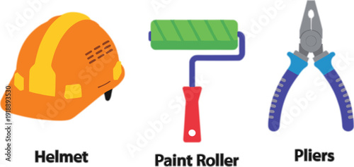 Construction safety and repair tools illustration with helmet, paint roller, and pliers, flat vector icons representing building work, maintenance, and professional equipment