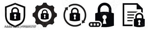 Collection of security and privacy icons featuring padlocks and shields