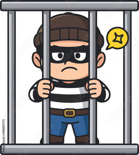 A playful cartoon character peering through jail bars, capturing a funny and light-hearted vibe. It represents mischief and humor in everyday life.