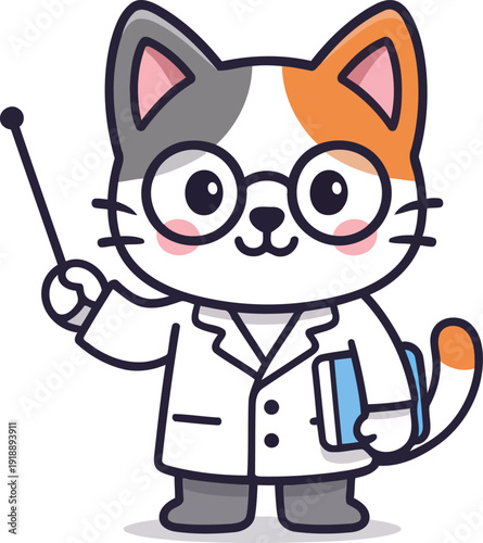 This charming cartoon cat, dressed in a lab coat and glasses, excitedly holds a pointer stick while teaching, symbolizing knowledge, curiosity, and the joy of learning.