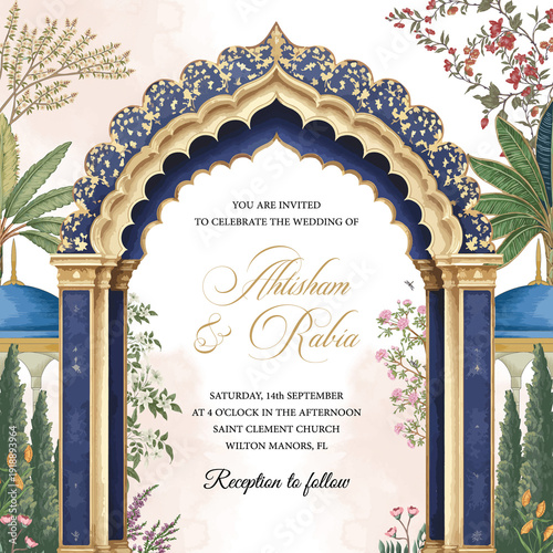 Mughal Wedding Card with Blue Arch Doorway