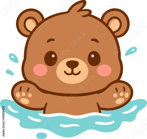 A cute brown bear playfully splashing in water captures the essence of innocence and play, making it ideal for children's literature and animated projects.