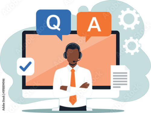 Customer Support Question and Answer Vector Illustration with Call Center Agent Headset QA Chat Bubbles and Service Management Interface in Modern Flat Design
