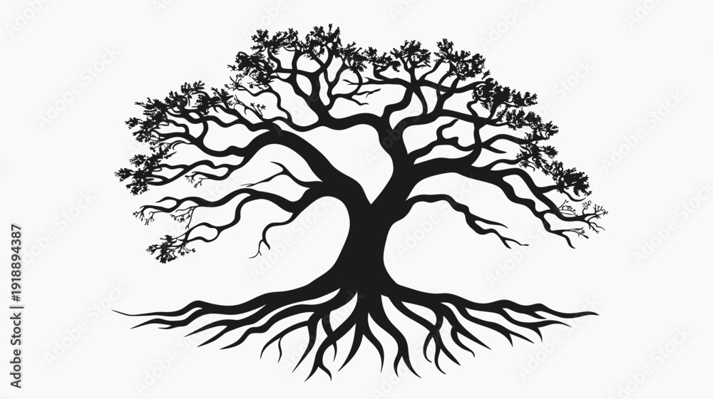 Obraz premium Silhouette of a majestic tree with root system isolated on white background