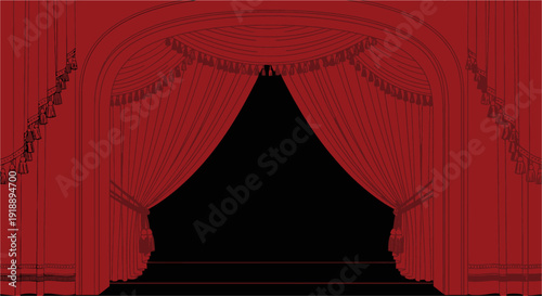 Red velvet theater stage curtains partially open revealing a dark background.