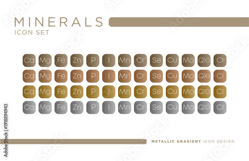 Essential mineral and nutrient supplement icon set with metallic gradient square button design