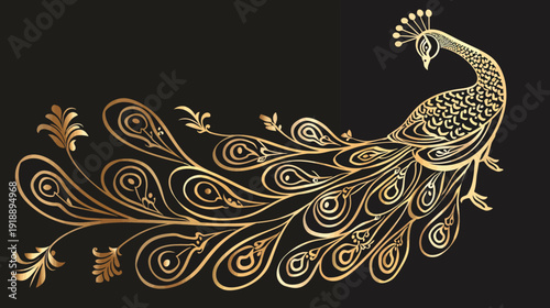 Elegant golden peacock illustration on black background for design projects