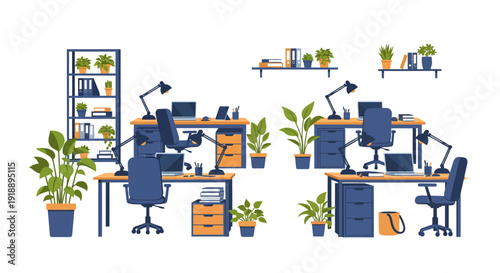 Cozy Home Office Freelancer Workspace with Desks, Chairs, and Plants