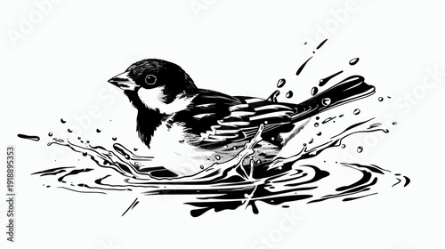 Sparrow bathing in water with splashing effect illustration design