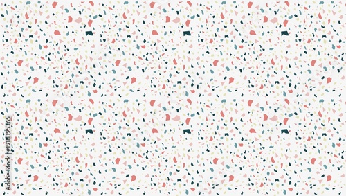 Vibrant terrazzo pattern with colorful geometric shapes on white background