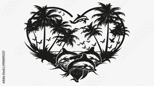 Black and white tropical heart design dolphins palms and birds