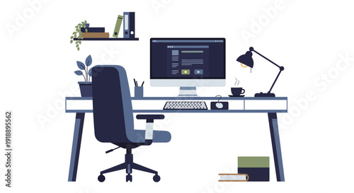 Modern Home Office Workspace with Computer and Desk Chair for Remote Work and Productivity Vector Illustration